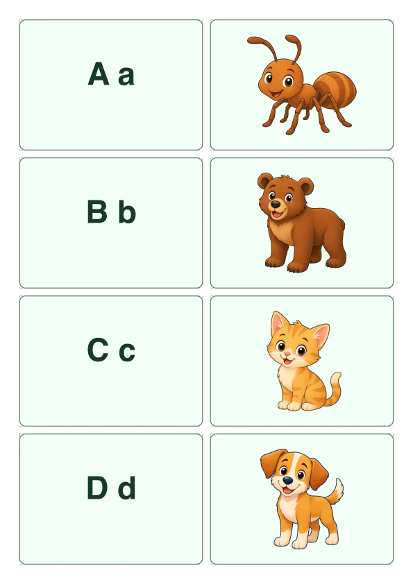 A 与蚂蚁、B 与熊、C 与猫、D 与狗逐行相邻排列的真实配对页面