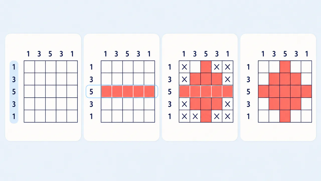 教学示意：四格连续画面展示 5×5 数织从空棋盘到完成十字。