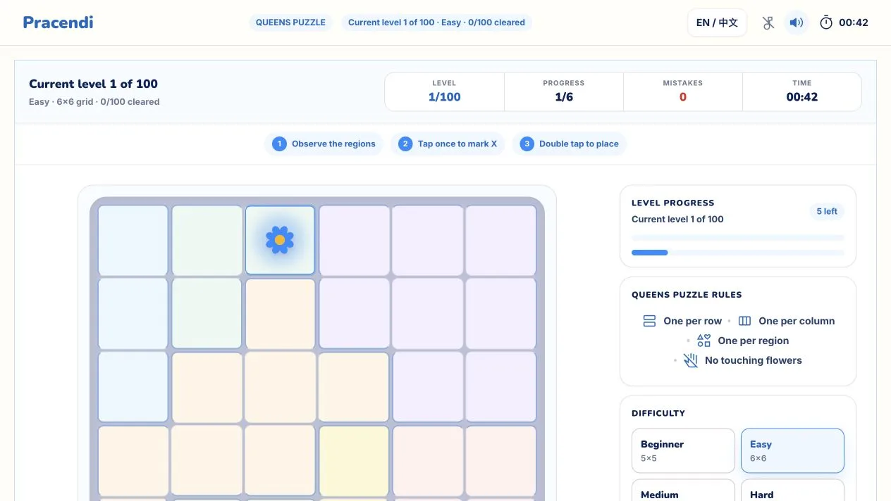 Queens Puzzle online game with the puzzle board and controls