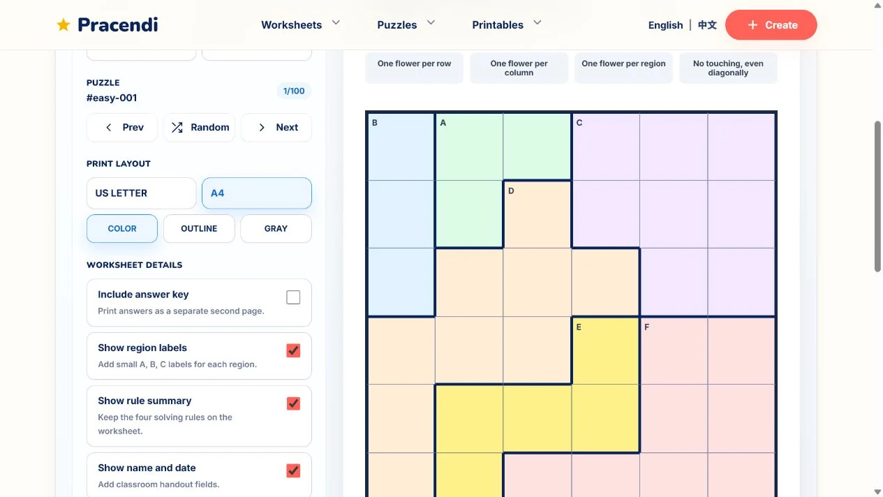 Real Queens Puzzle print studio showing an A4 puzzle worksheet preview