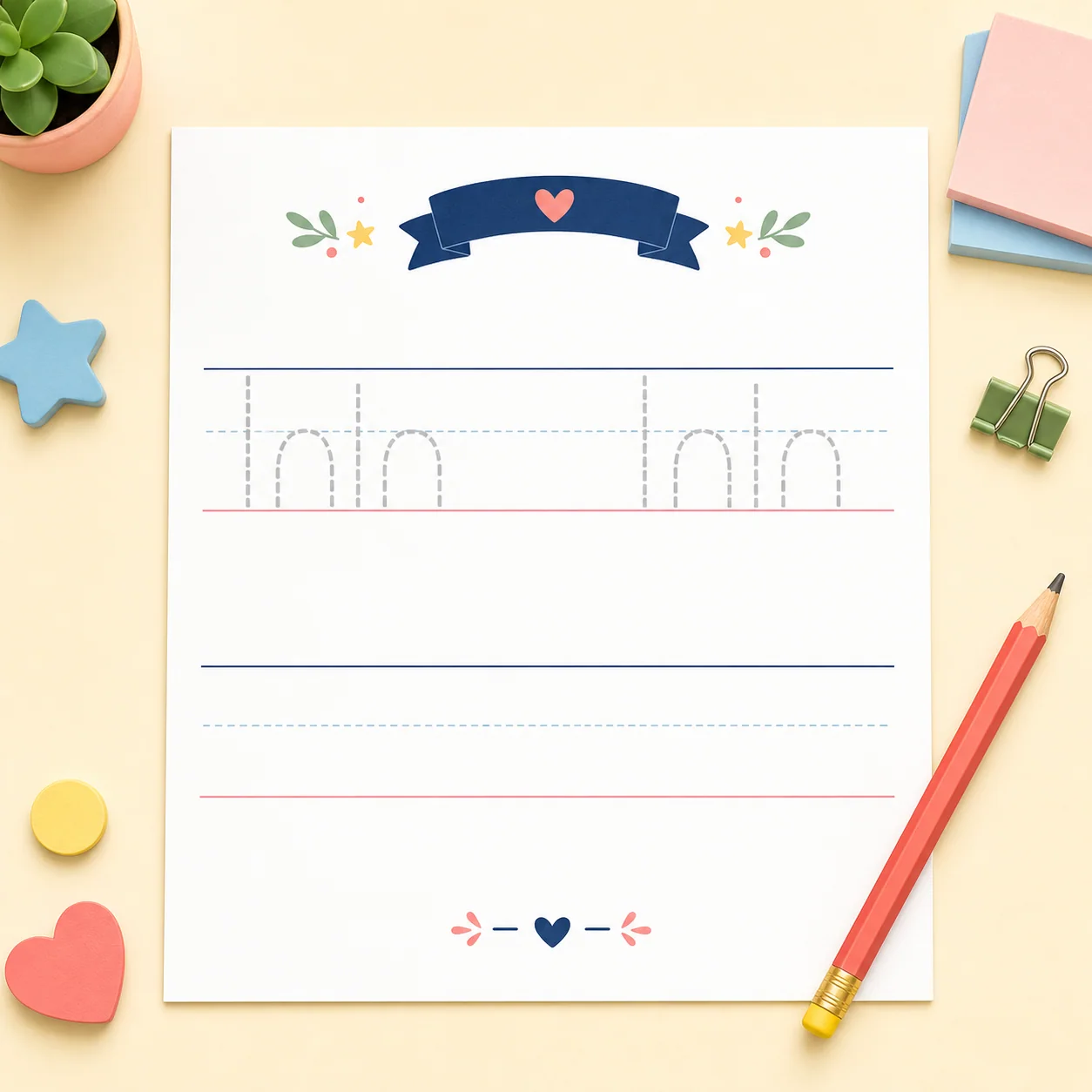 Warm educational illustration for tracing and copying a first and last name