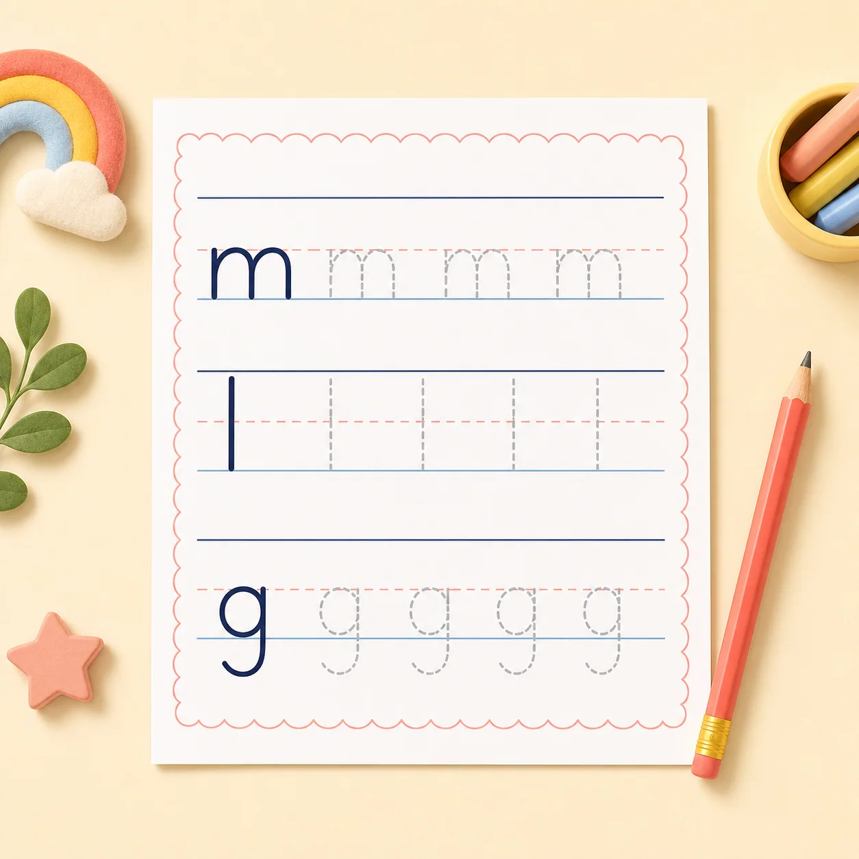 Warm educational illustration for placing lowercase letters on handwriting guidelines