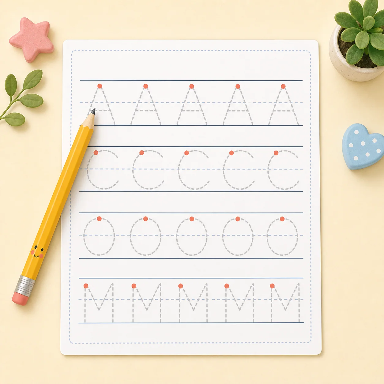 Warm educational illustration of a pencil beginning a guided name-tracing line