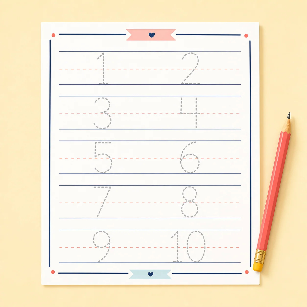 Warm educational illustration for recognizing and tracing the digits 1 through 10