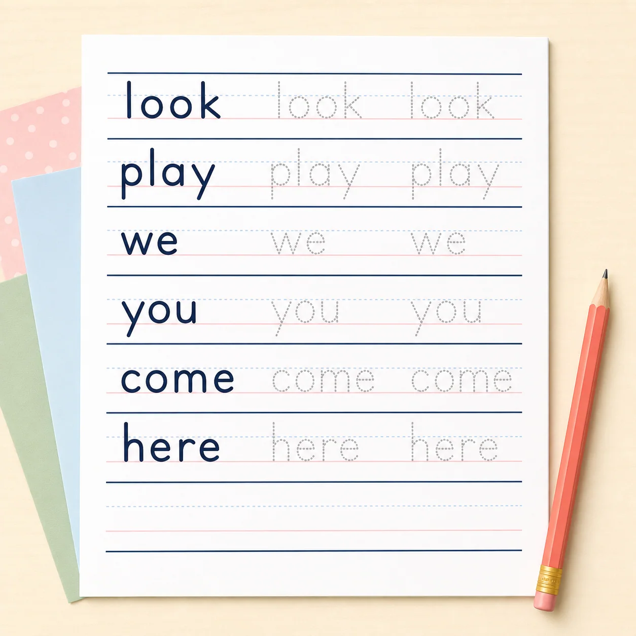 Warm educational illustration for reading and tracing beginner sight words