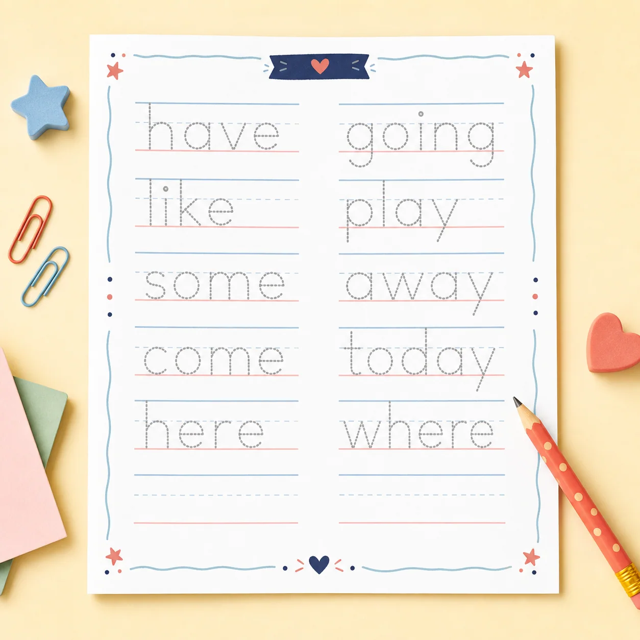 Warm educational illustration for reviewing and tracing primer sight words