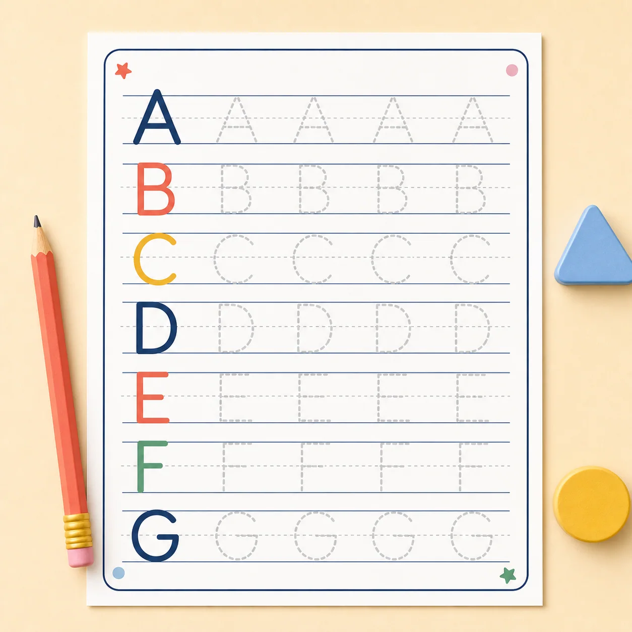 Warm educational illustration for observing and tracing uppercase letter forms