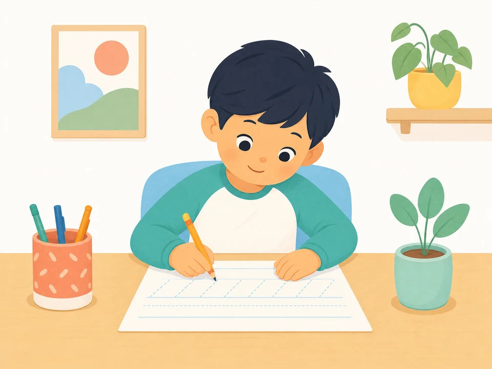 Child practicing name handwriting on a guided worksheet