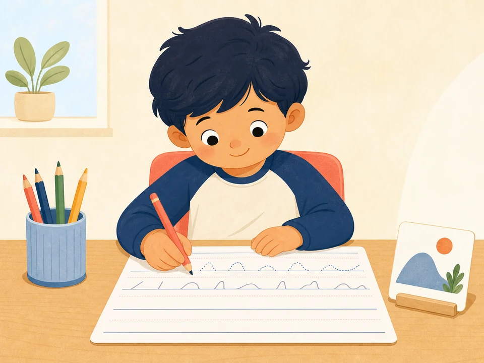 Child moving from dotted word shapes to blank handwriting lines