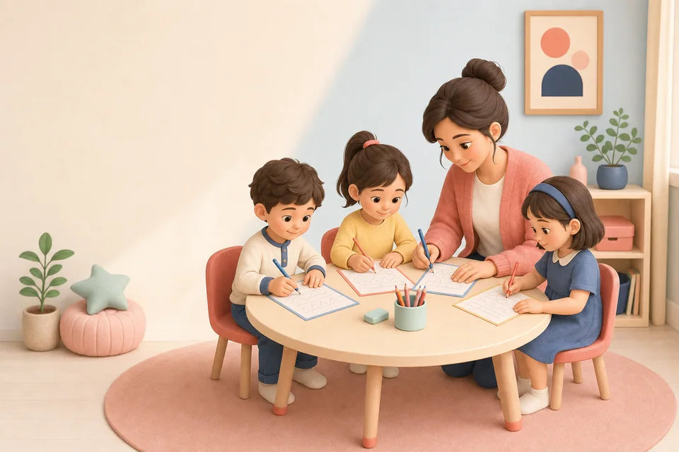 Teacher guiding three children as they work on printable practice sheets