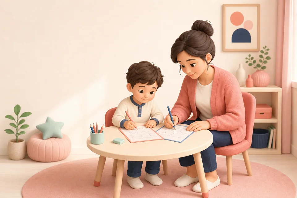 Parent and child using printable practice sheets together at home