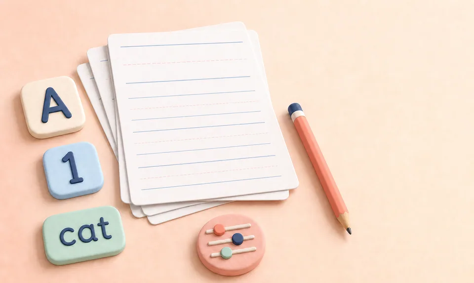Soft illustration of blank handwriting sheets, a pencil, and name, letter, number, and word tiles