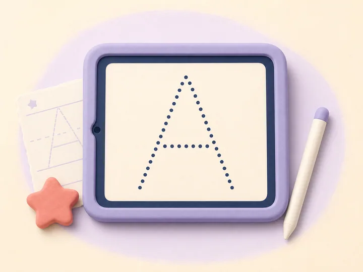 Soft illustration of an uppercase A tracing path on a tablet with a stylus
